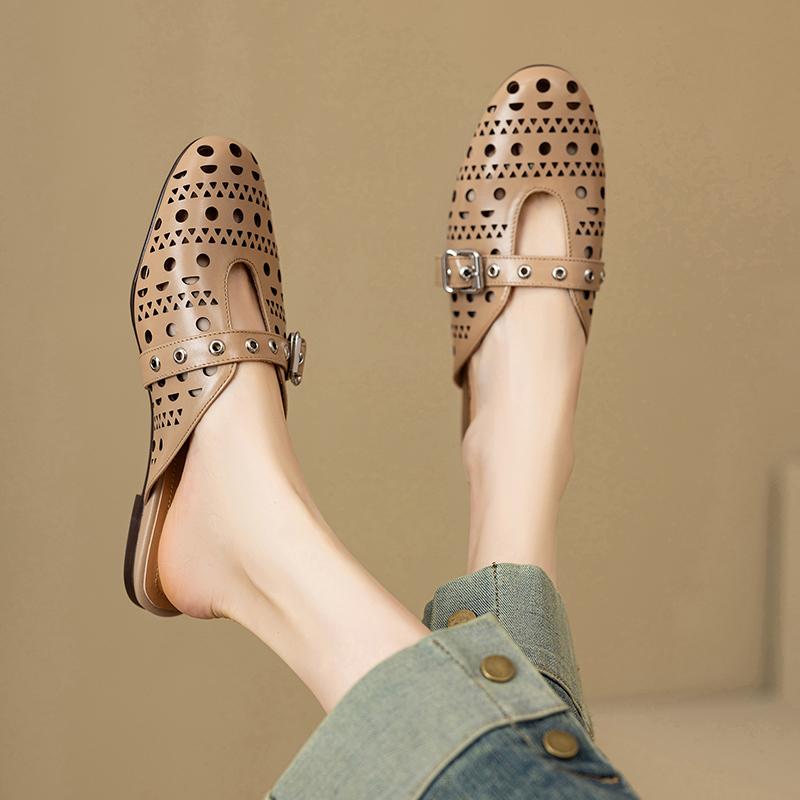 Fashion New women's cowhide round toe breathable belt buckle, low heel, large toe, Mueller slippers, perforated shoes 44 45 46 47 48