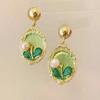 French retro green oil painting antique flower stud earrings female, court style earrings baroque pearl earrings
