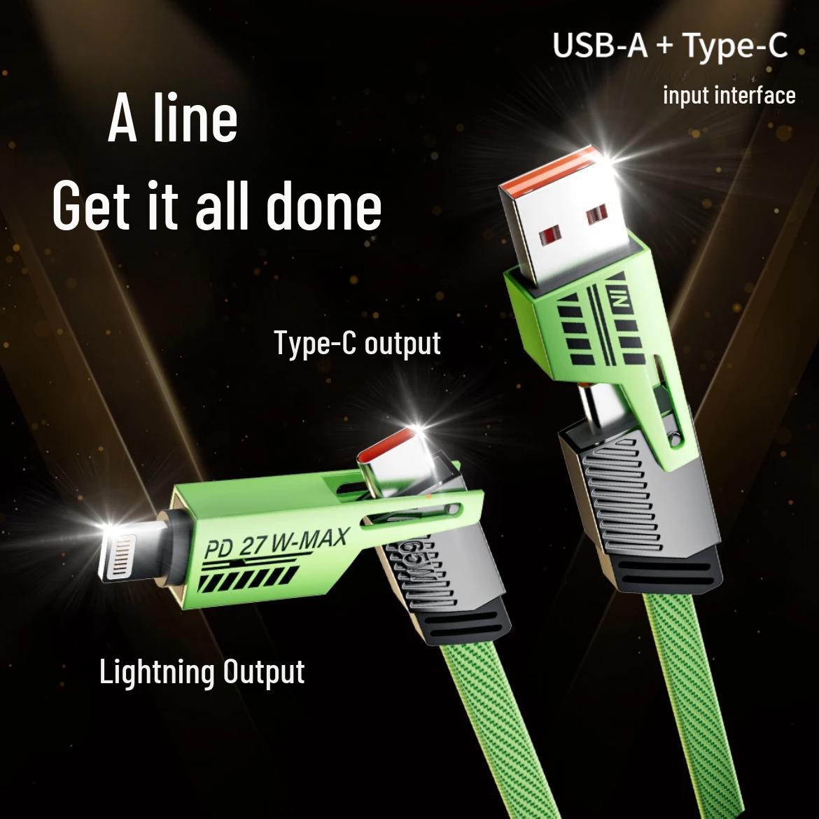 

BeMo Mint Green 4-in-1 65W Fast Charging 2-to-2 Data Cable Car Charger 3-in-1 Geek Cable 1.2m Bare Cable