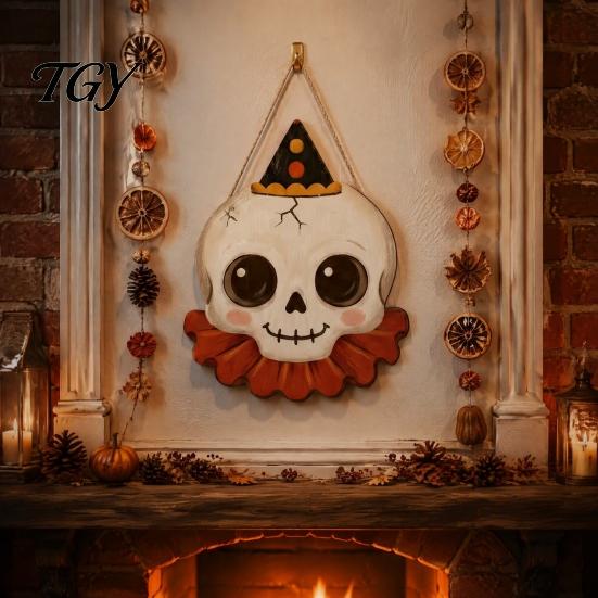 Entrance Door Hanging Decor Halloween Wooden Pendant with Lanyard, Retro Ghost/Pumpkin/Skull/Black Cat Solid Wood Festival Ornaments Decorations