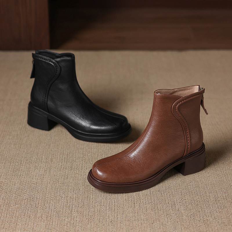 Krazing Pot Cow Skin Round Toe Thick Heels Chelsea Boots Size 42 Back Zip Women Keep Warm Ankle Boots