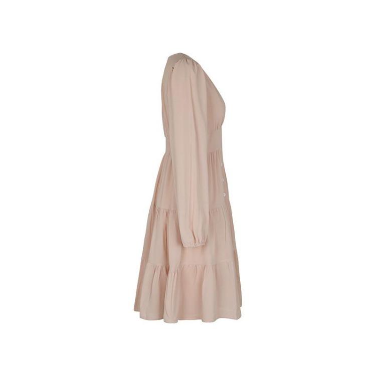 Solid Long Dress High Waist A Line Pleated Women Long Sleeve V Neck Summer