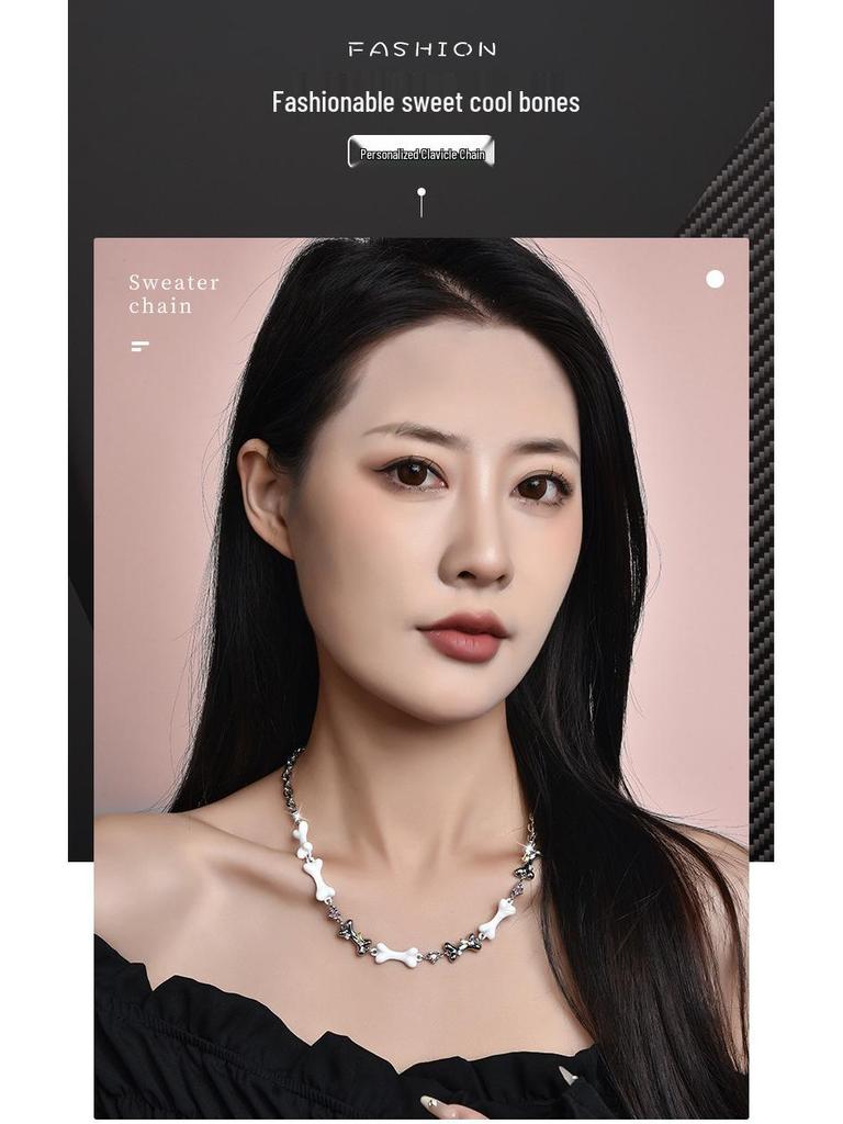Niszowy naszyjnik choker z cyrkoniami z serii Bone: Modny Słodki Naszyjnik Cool z Osobliwością Modny Łańcuszek na Obojczyk.