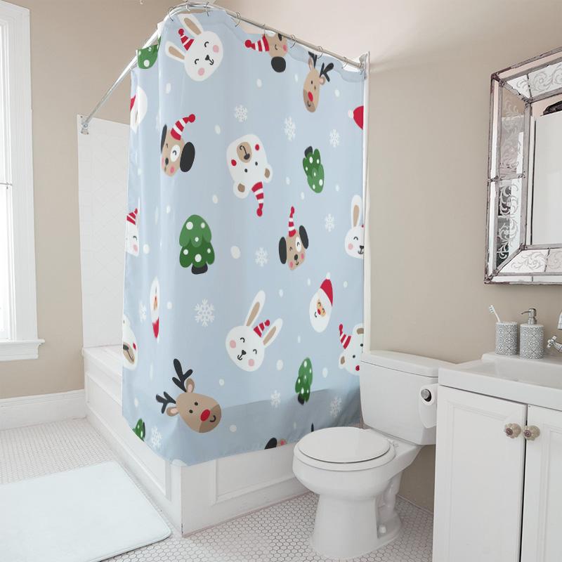 TU Cute Rabbit Christmas Shower Curtain Holiday Festive Bathroom Decor Waterproof Fabric Holiday Shower Curtain Set Xmas Home De
