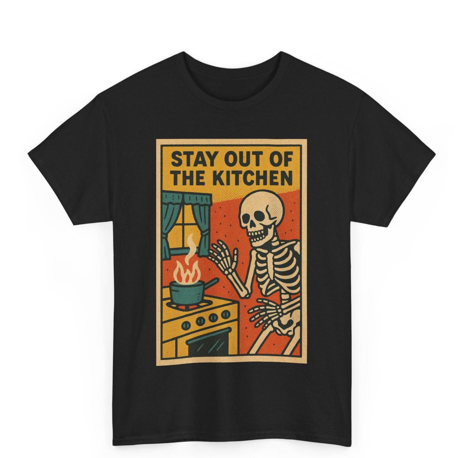 Stay Out of Kitchen Skeleton T-Shirt: Retro Goth Humor Tee M