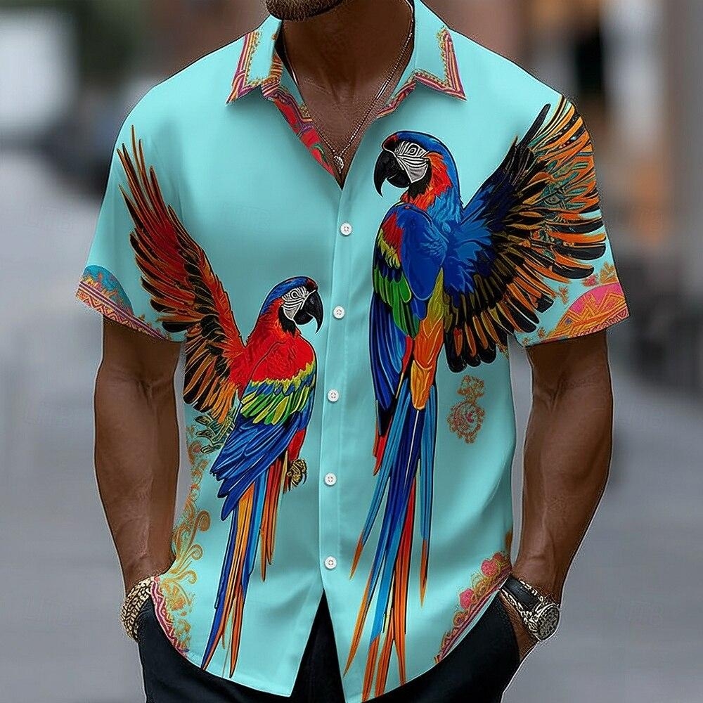 Men's Parrot Bird 3D Print Hawaiian Shirt Tropical Aloha Shirt Short Sleeve Button Up Turndown Shirt for Summer Beach Wear