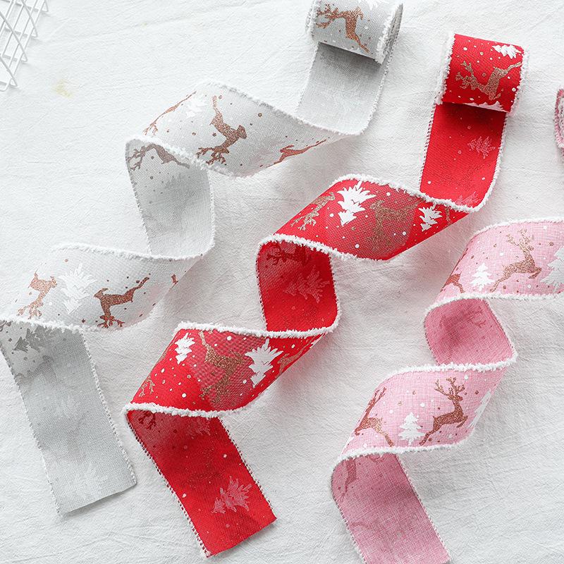 Cross-border Christmas Ribbon: White Plush Edge with Reindeer Design for Gift Box Packaging and Decoration with Gift Ribbon.