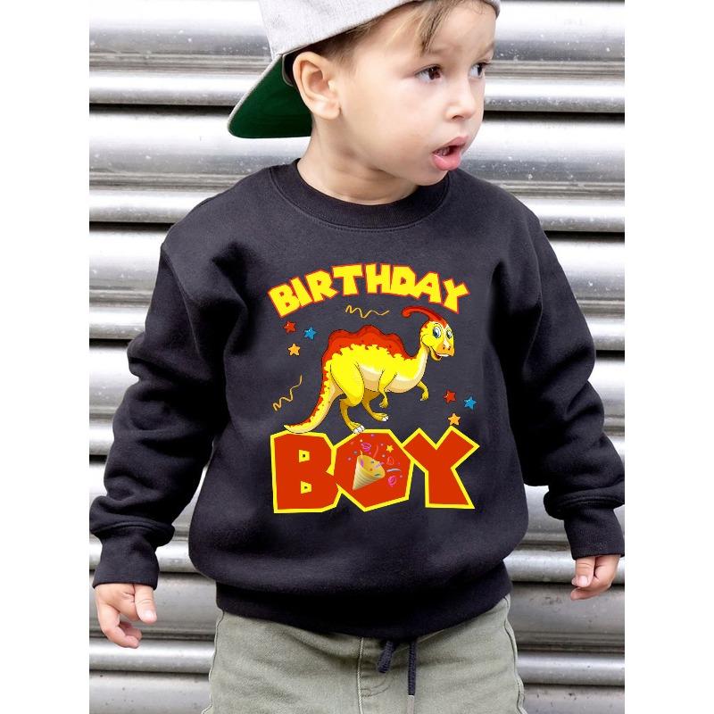 European sizes Kids' Fashion -Lined Sweatshirt, BIRTHDAY Kid with Jumping Dinosaur Cartoon Print, Loose Fit Casual Long Sleeve Pullover Sweatshirt