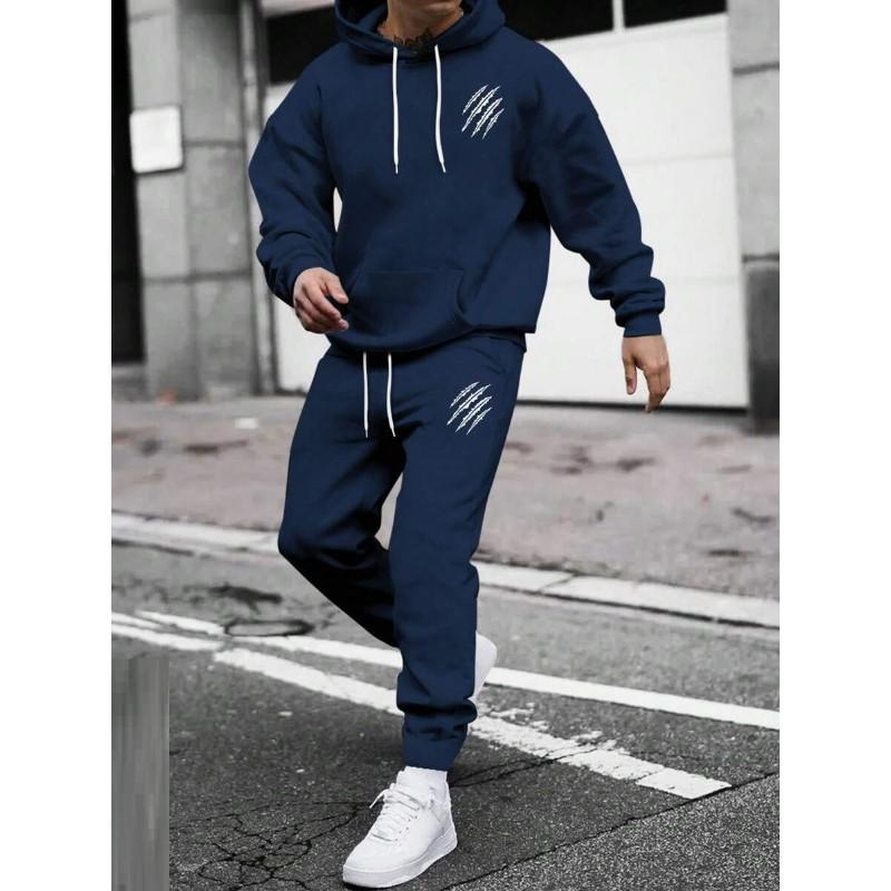 Mens Winter Hooded Sweatshirt Pants Set With Animal Paw Print Sporty Casual Streetwear