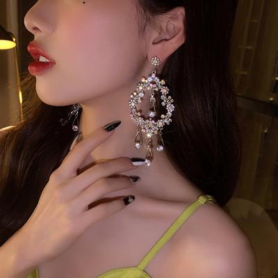 Pendientes de aguja de plata con forma de gota de agua y flores grandes con incrustaciones de diamantes, temperamento de nicho de personalidad, pendientes de alta gama, para mujer