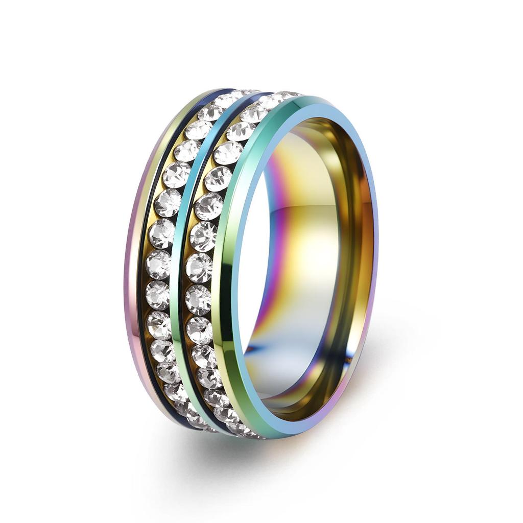 European and American Style Titanium Steel Double Row Diamond Ring - Korean High-end Stainless Steel Jewelry
