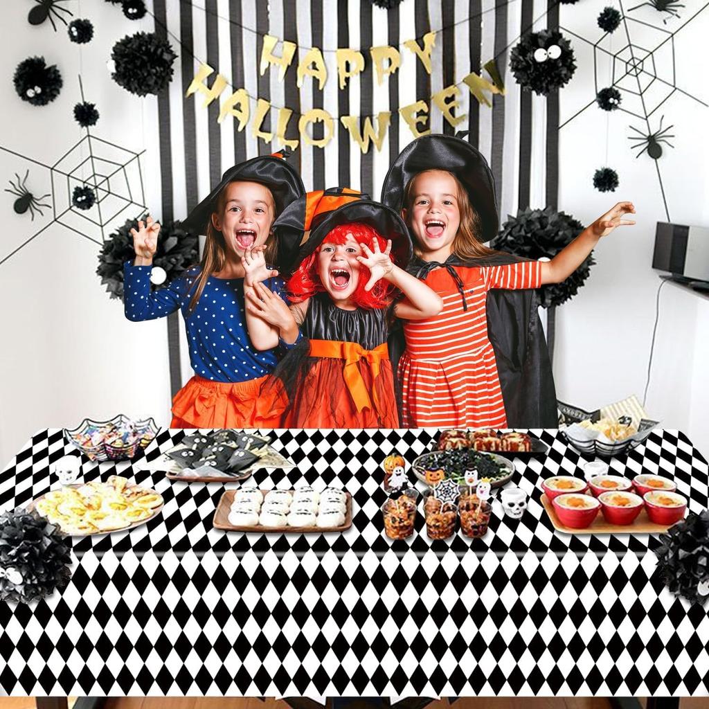 4 Pack Black and White Checkered Tablecloths, Plastic Gingham Table Cover Alice Tablecloths for Racing Theme, Halloween, Wonderland Party, Classic