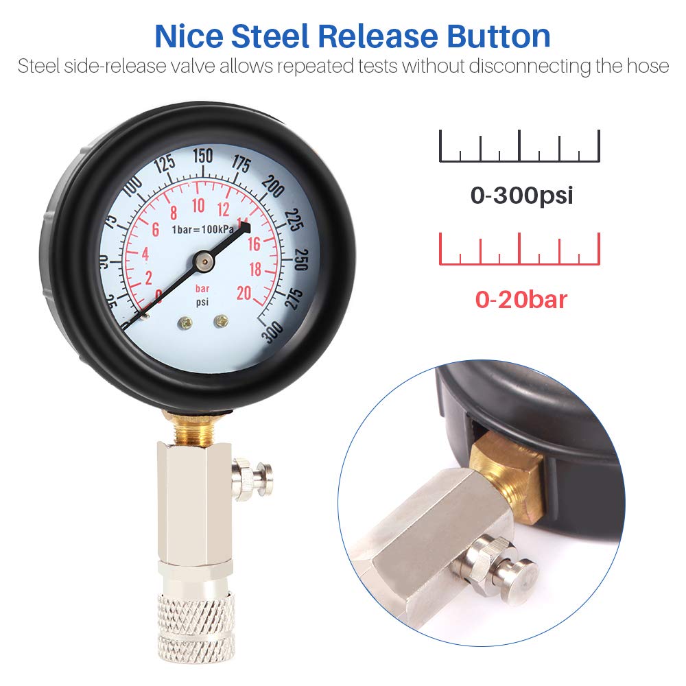 Engine Compression Meter with M10 M12 M14 M18 Adapter 0-300 PSI Pressure Gauge Automotive Cylinder Tester Kit