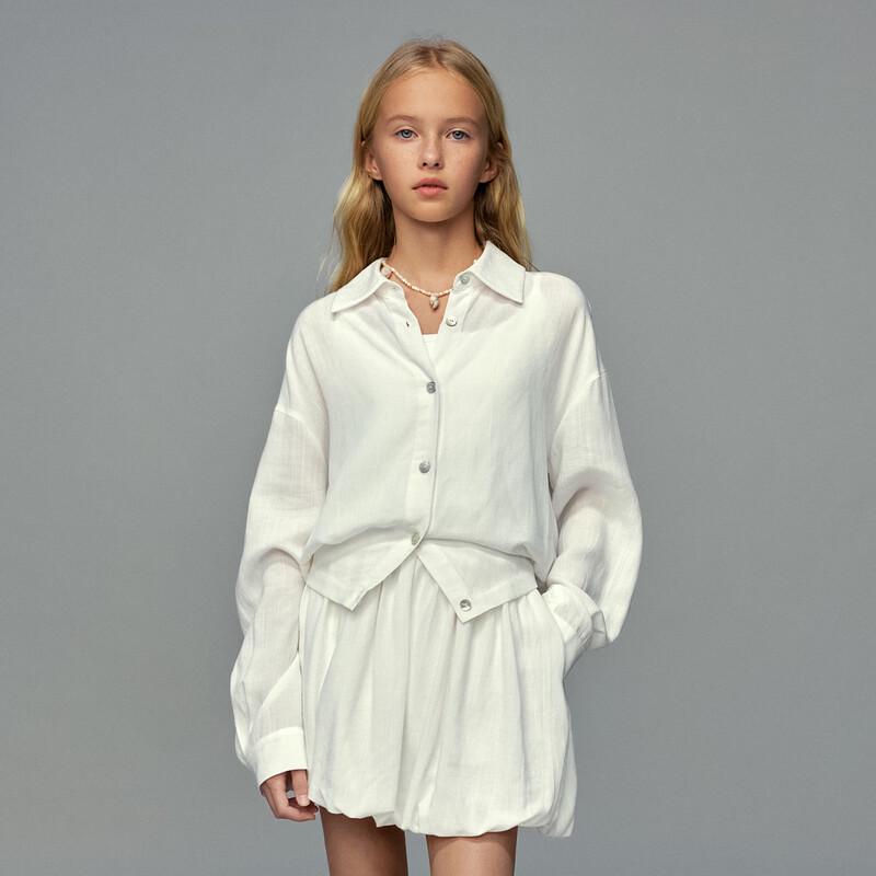 ELLE KIDS Girls Lyocell Linen Blend Long-Sleeve Lapel Shirt 160