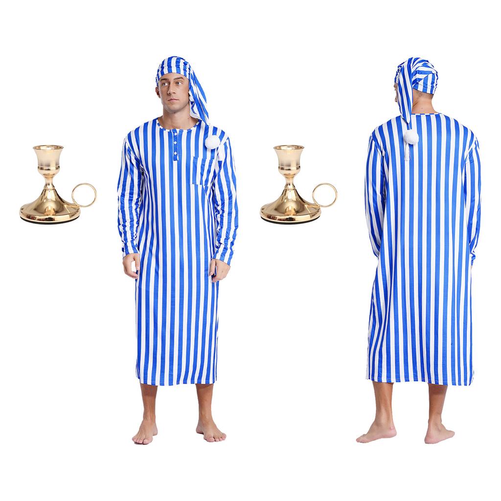 Men's Christmas Pajama Set Striped Sleep Dress Robe with Matching Hat and Candle Holder
