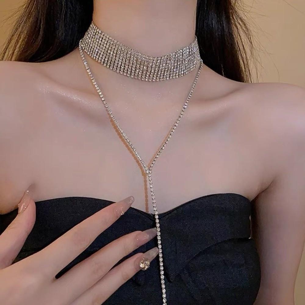 Gold Multi-Layer Necklace Y-shaped Long Choker Cute Rhinestone Necklace  Party