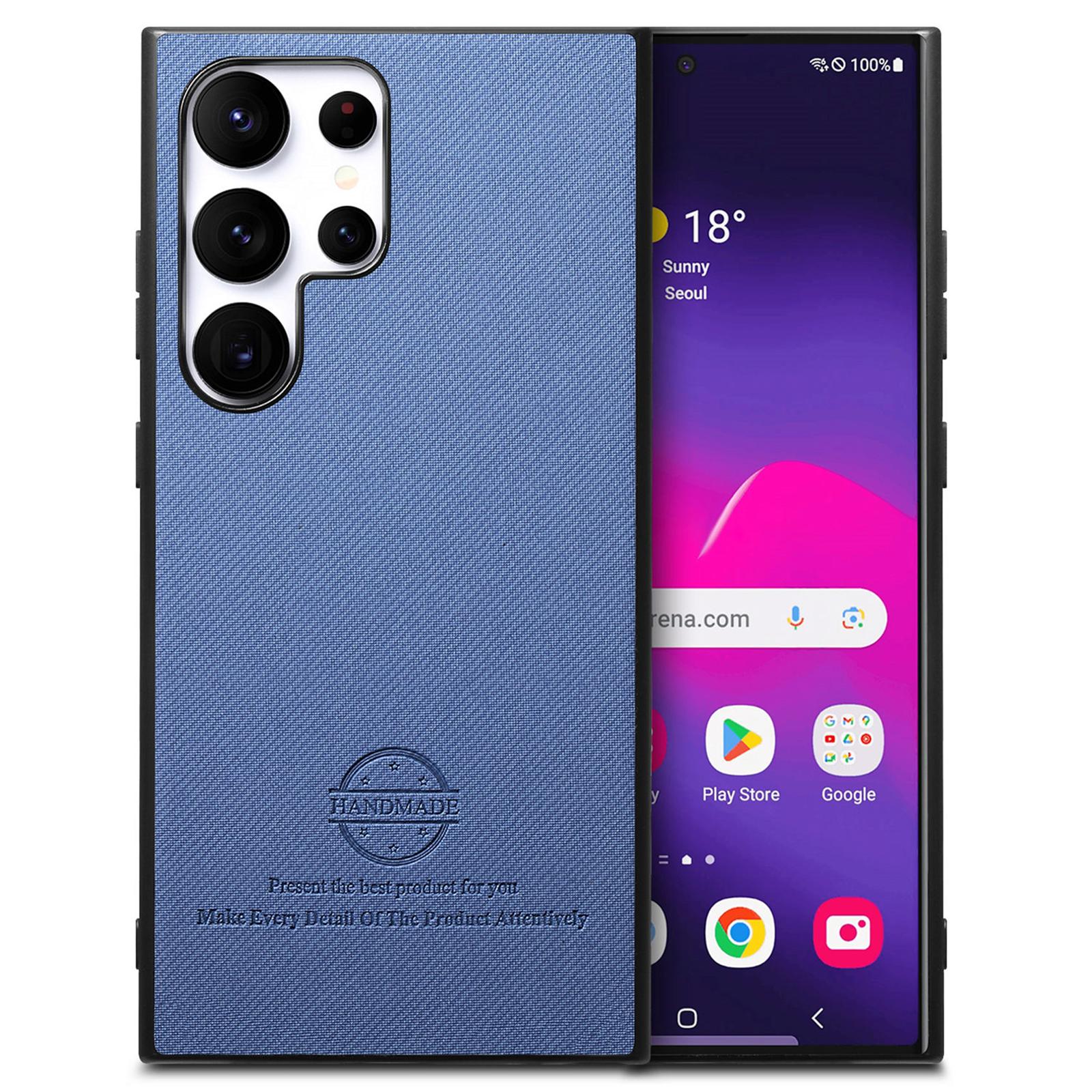 

For Samsung Galaxy S24 Ultra Case Cloth Texture Leather+PC+TPU Anti-Drop Phone Cover Blue