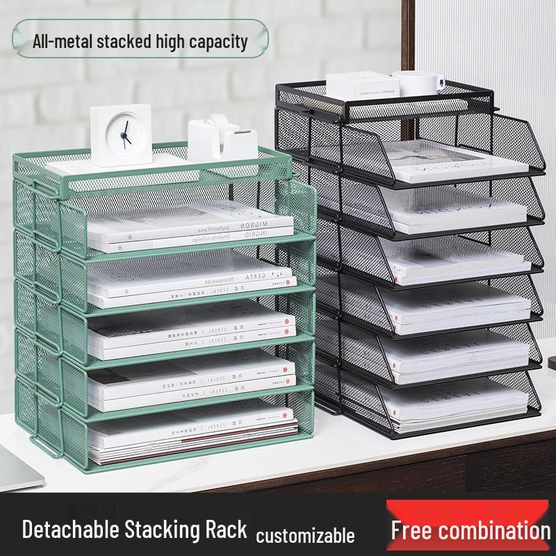 Metal Office Supplies Set: Multi-layer File Holder & Document Organizer 2-Tier Vertical Black with Side Mesh