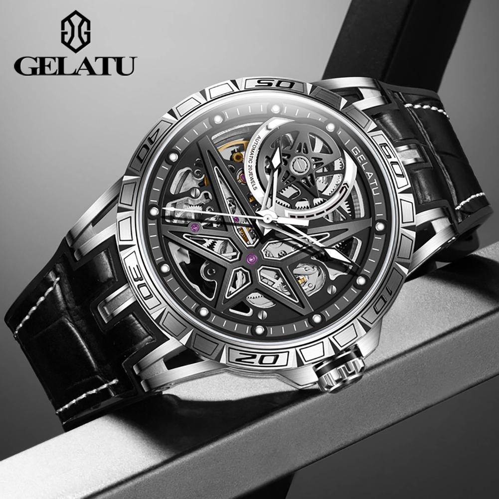 GELATU 6009 TOP Brand Men's Watches Skeleton Automatic Mechanical Movement Leather Strap Watch
