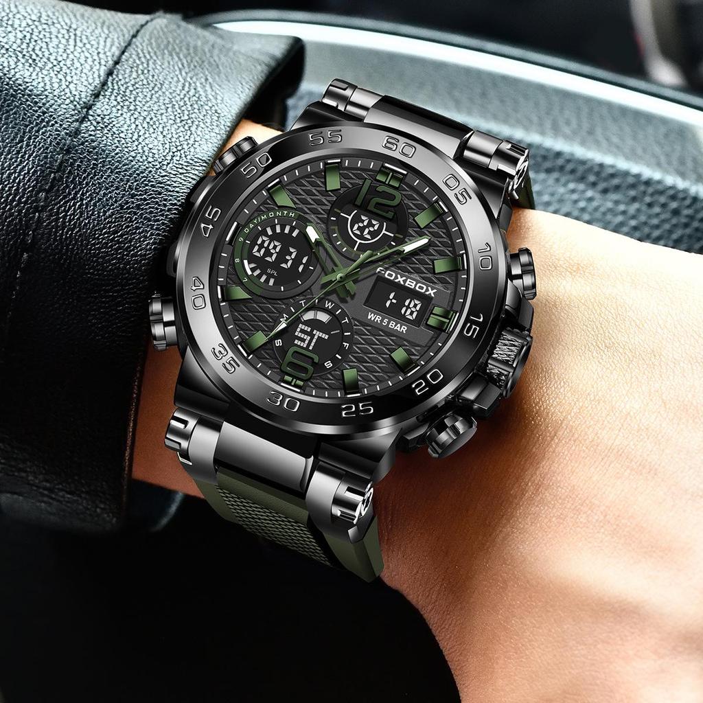 Men's Dual Display Waterproof Silicone Sport Watch with Calendar & Luminous Features