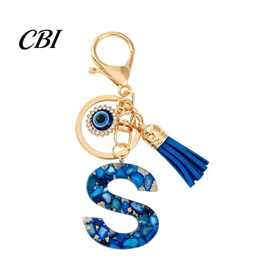 Portable Key Organizer Blue Series Keychain Pendant, Initial Letter Charm Chain with Eyes Tassel Design, A-Z Holder for Bags Backpacks Cars