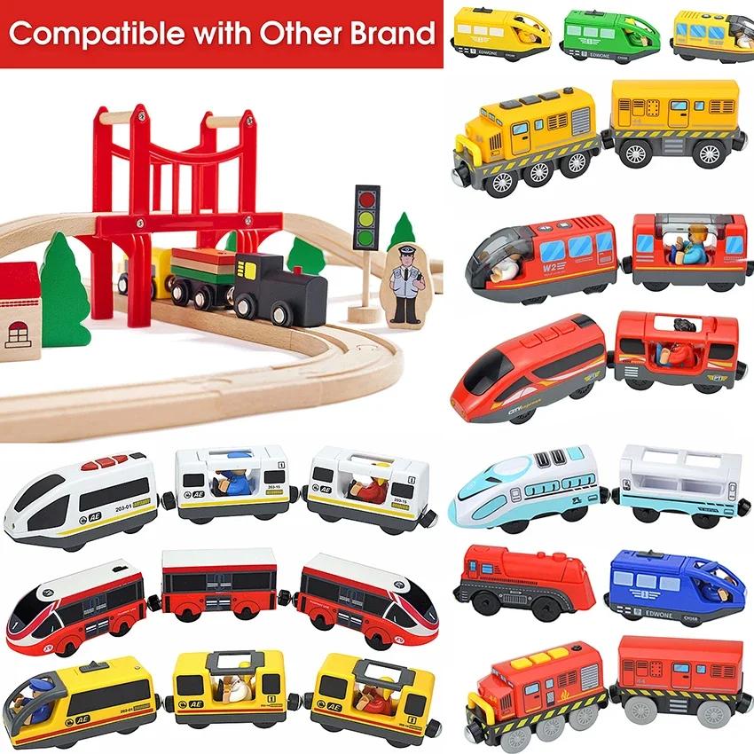 Magnetic Electric Train Car Locomotive Wooden Track Slot Diecast Railway With Two Carriages Train Wood Kid Toy Biro Leduo Track