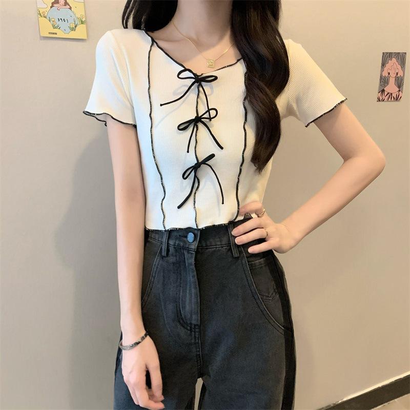 

Футболка с короткими рукавами Bow Tie Wave Edge Color Collision, женская летняя, тонкая, с короткими секциями, маленькая рубашка, топы, повседневные, основные, облегающие, пуловеры, футболки One Size белый