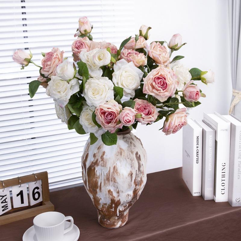 Artificial Flower 3-head Burnt Rose, Home Living Room Decoration Flower, Wedding Retro Autumn Color Multi-head Artificial Flower