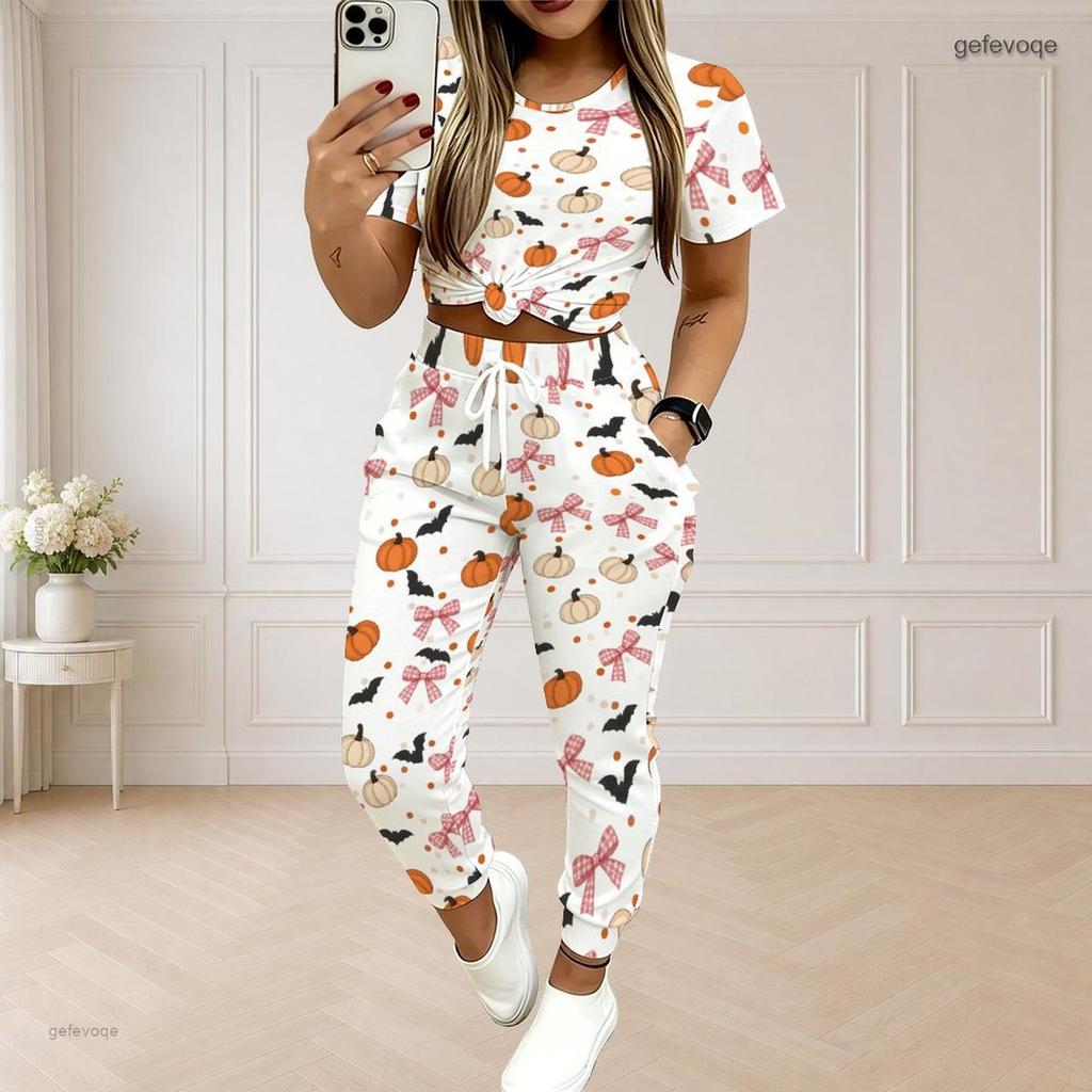 Women Plus Size White Printed Round Neck Short Sleeve Top Drawstring Cuffed Pants Two Piece Set With Pockets