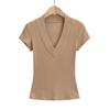 Summer New Female American Spice Girl Solid Color Dark V-neck Short-sleeved T-shirt Design Sense Splicing Slim-fitting Waist Bottoming Shirt