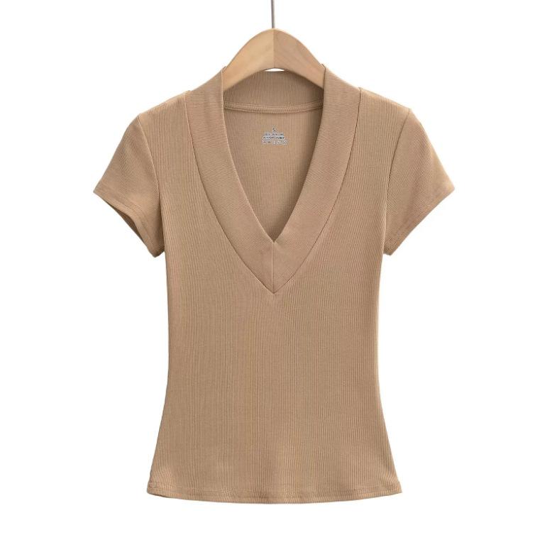 Summer New Female American Spice Girl Solid Color Dark V-neck Short-sleeved T-shirt Design Sense Splicing Slim-fitting Waist Bottoming Shirt