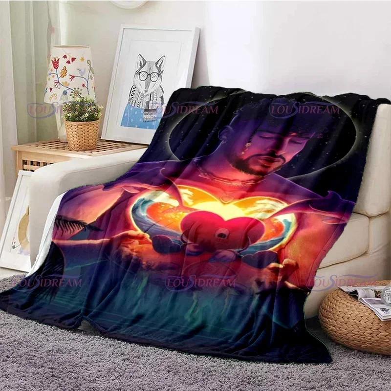 Cartoon Bad Bunny Coperta Coperte di flanella Musica pop latina Coperte calde in pile di peluche per biancheria da letto per divano adulto per tutte le stagioni