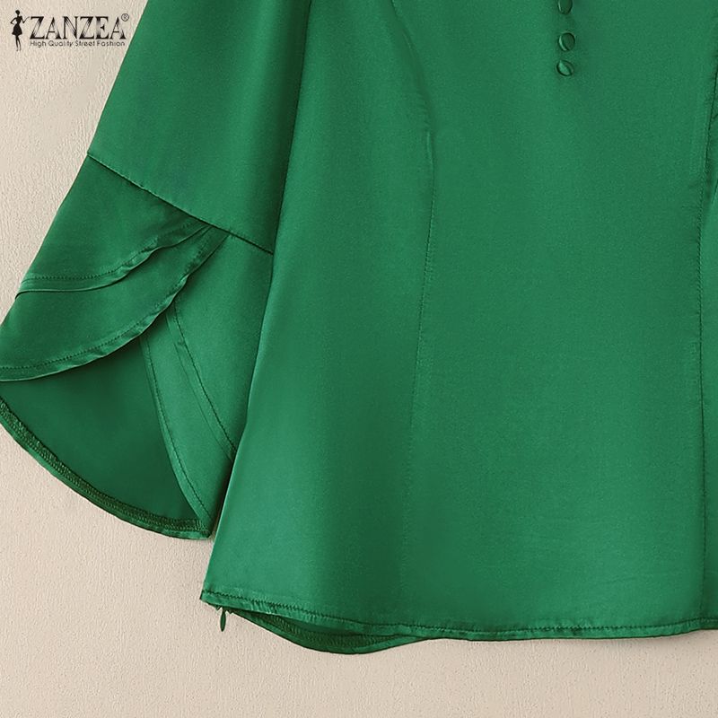 ZANZEA Women Casual V-Neck 3/4 Sleeve Loose Satin Blouse
