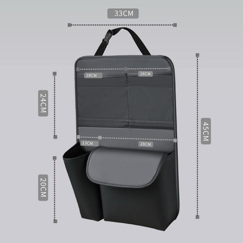 

Leather Car Seat Back Organizer with Storage Box and Table Style Kick Mat.