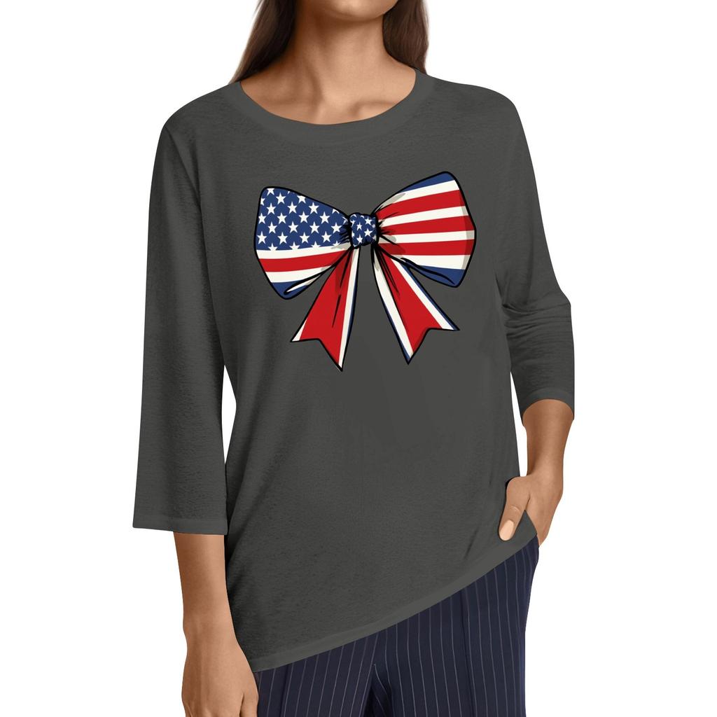Women's Fashion Casual Round Neck 3/4 Sleeve Loose Independence Day Printed T-Shirt Ladies Top