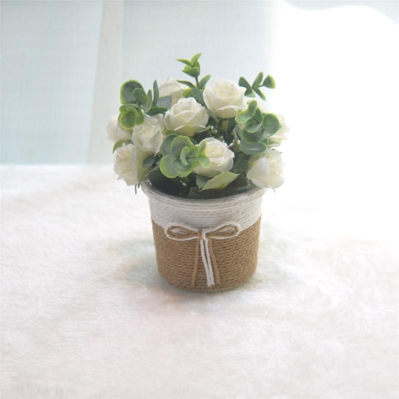 Artificial Rose Flower and Leaves Bouquets In Small Vase Faux Flowers Potted Plant for Home and Office Table Decoration
