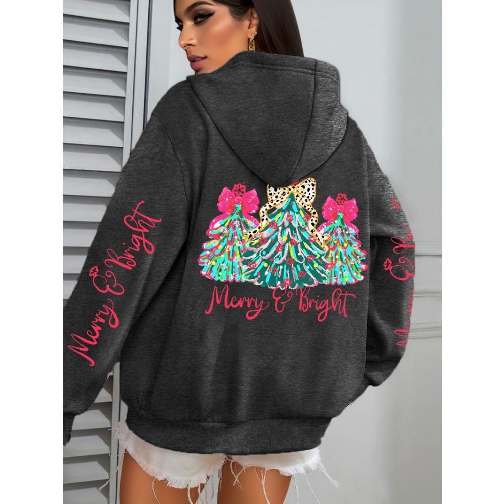 Merry Christmas Colorful Trees Printing Women Hoodies Loose Casual Hoody Autumn Y2K Pocket Streetwear All-Match Clothes