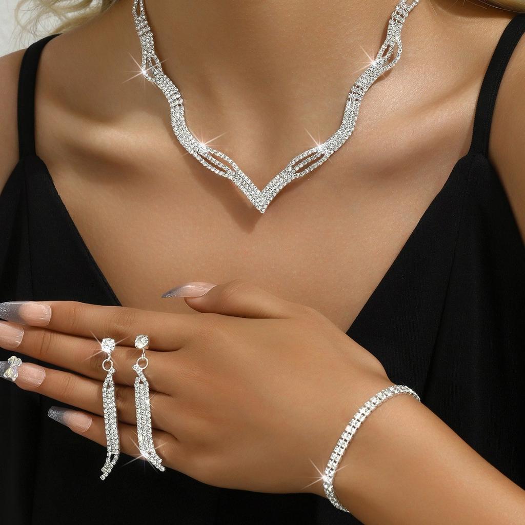Super Flash Rhinestone Necklace Earrings Bracelet Set Clavicle Chain Bridal Jewelry Three-Piece Set