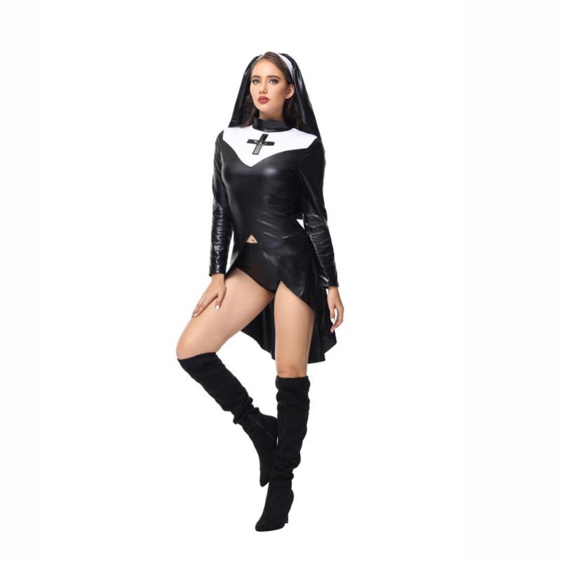 Halloween Leder Schwalbenschwanz Nonnenkreuz Cosplay Anzug sexy Uniform Bühnenauftritt Anzug