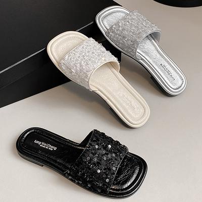 Fashion 2025 Glitter Sequins Shoes Ladies Flipflops Summer Silver Slippers Slip On Slides Woman Open Toe Flats Sandalias Mujer Pantuflas
