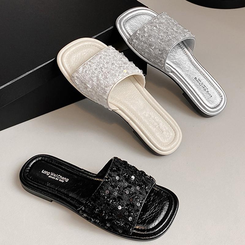 Fashion 2025 Glitter Sequins Shoes Ladies Flipflops Summer Silver Slippers Slip On Slides Woman Open Toe Flats Sandalias Mujer Pantuflas