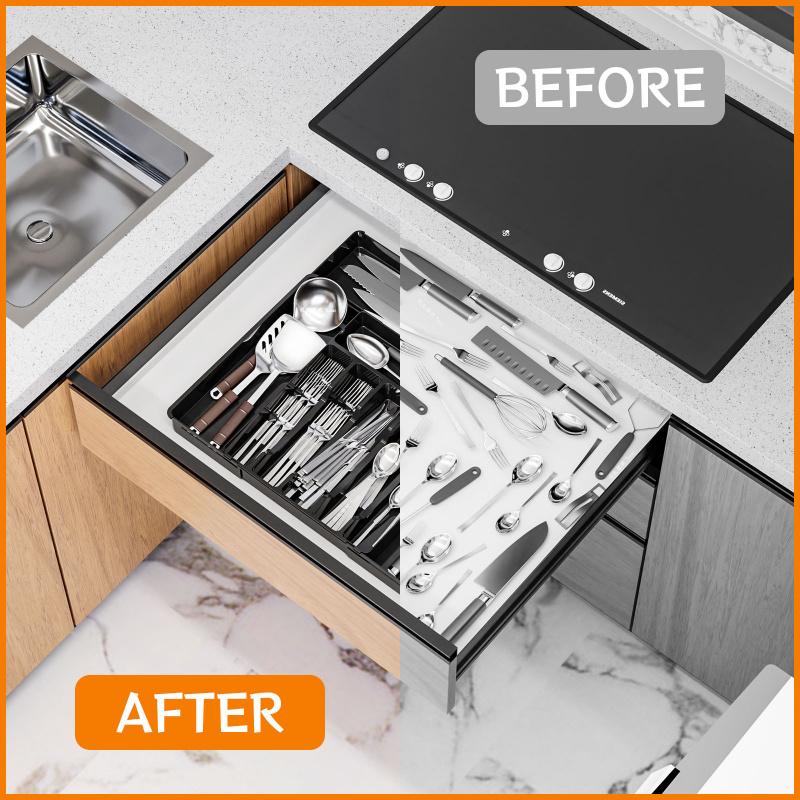 Förvaringslåda för bestick, justerbart bestickställ, utdragbar plastlåda för förvaring