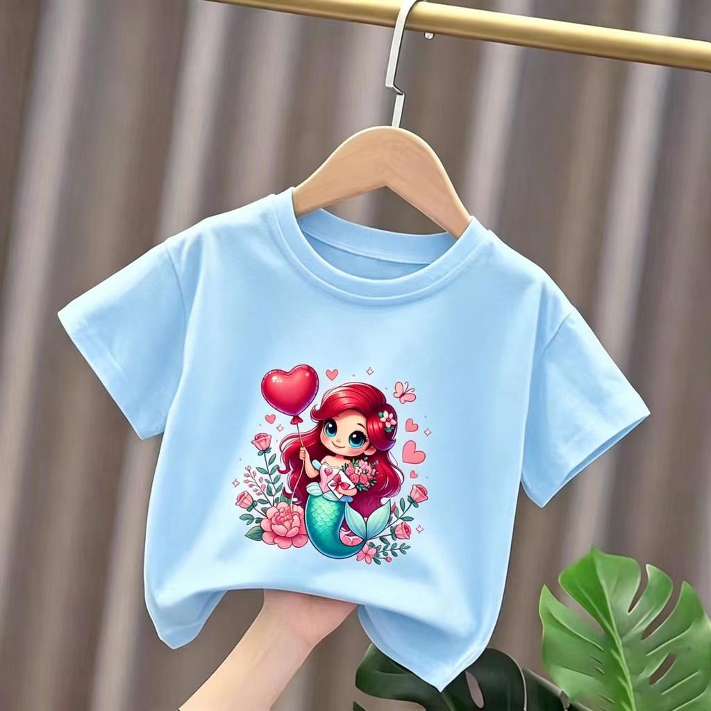 Summer Girls ShortSleeved Cartoon Mermaid Print Pure Cotton Breathable Girls Casual TShirt 2026 New Style Summer Clothing