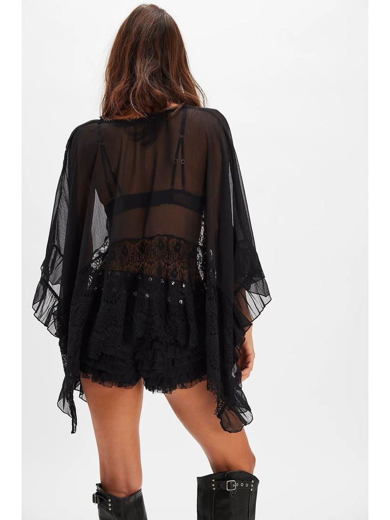 Women's Batwing Sleeve Mesh Cover-up: Spring/Summer Loose Beach Top with Lace Patchwork and Sun Protection.