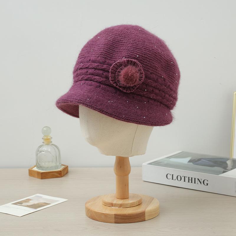 New Autumn and Winter Three Dimensional Flower Sequin Rabbit Feather Duckball Cap Outdoor Cold Proof Pot Hat Can Scarf Warm Set