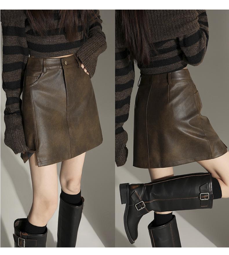 Spicy Maillard Coffee PU Leather Mini Skirt - Sexy, Versatile, Anti-Exposure, Hip-Hugging A-Line for Autumn/Winter