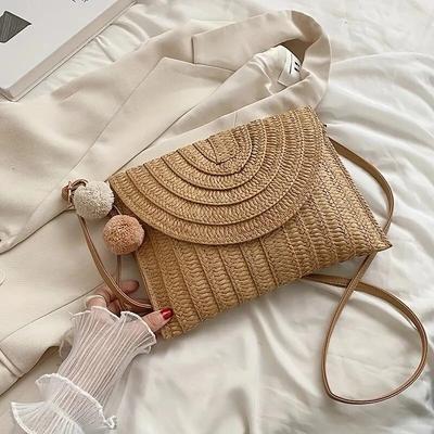 Χειροποίητη Ψάθινη Τσάντα Ώμου Crossbody Παραλίας Κοριτσίστικη Φάκελος Πλεκτή Καλοκαιρινή Μικρή Πομπόν Cluth