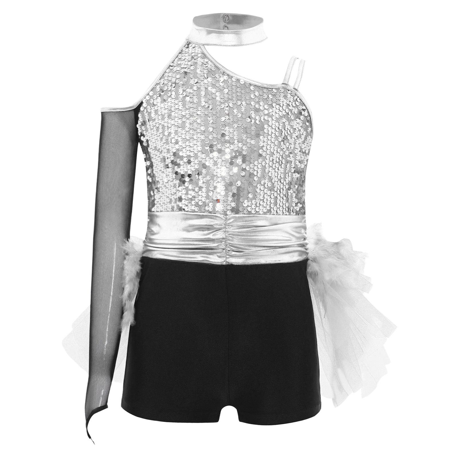 

Girls Jazz Dance Costume Sparkly Sequins Bodice Feather Tulle Skirted Leotard Ruched Waist Asymmetrical Color Block Jumpsuit 5-6 Years срібний