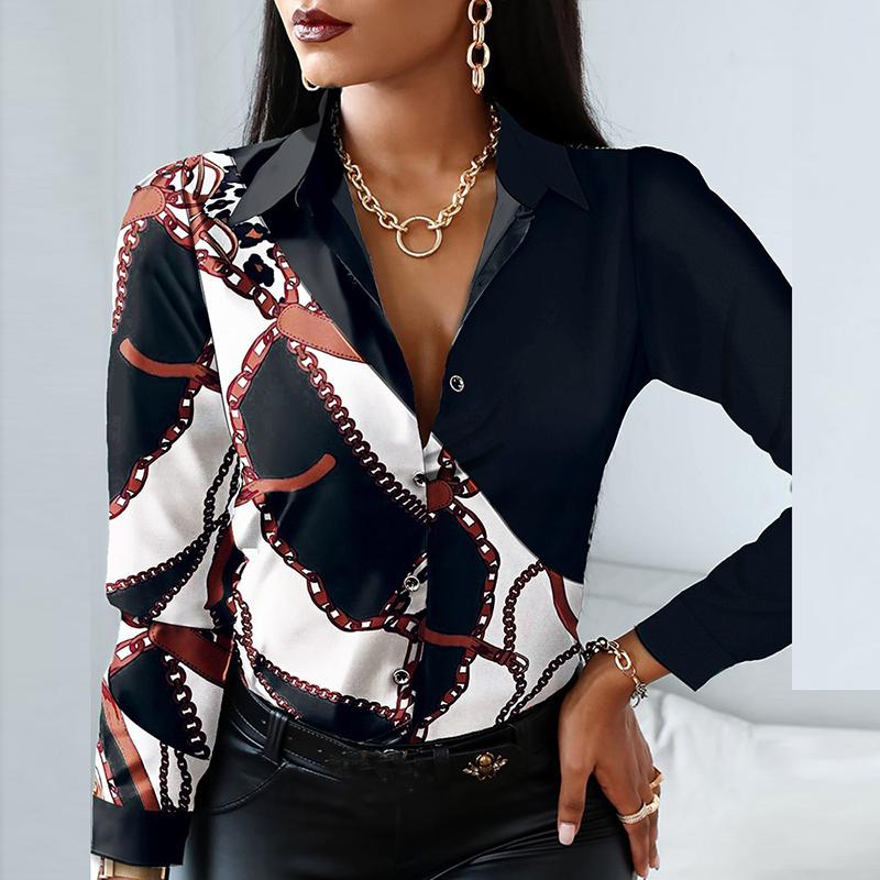 2024 Women Fashion Elegant Scarf Chain Print Button Design Shirt Long Sleeve Patchwork Spring