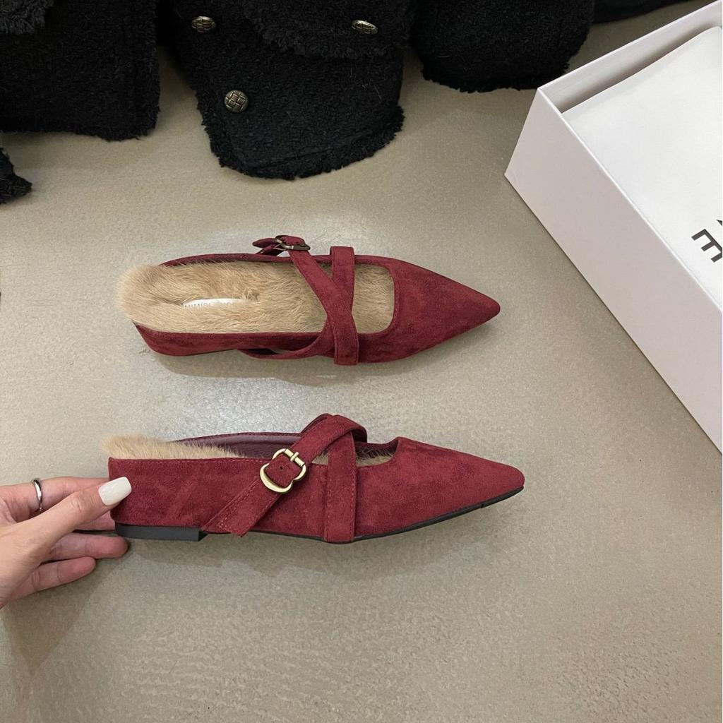 2025 autumn new suede one-word with real rabbit fur thick-soled outer wear half drag inner thick-soled leopard print women's tide shoes